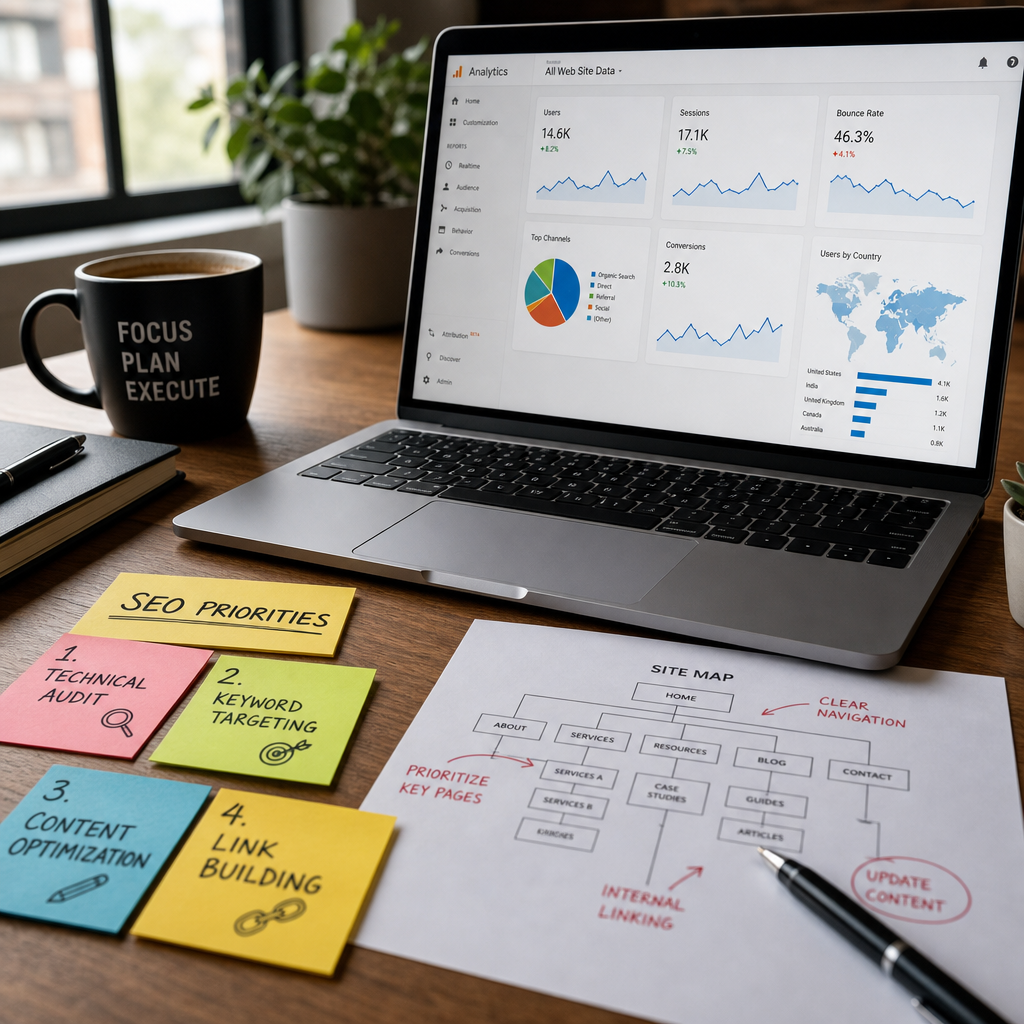 Bureau d'un consultant SEO avec tableau de bord et notes de priorisation