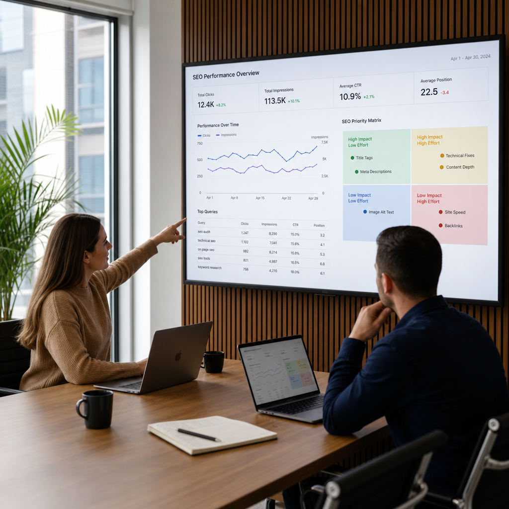 Deux consultants SEO analysent une matrice de priorisation sur écran