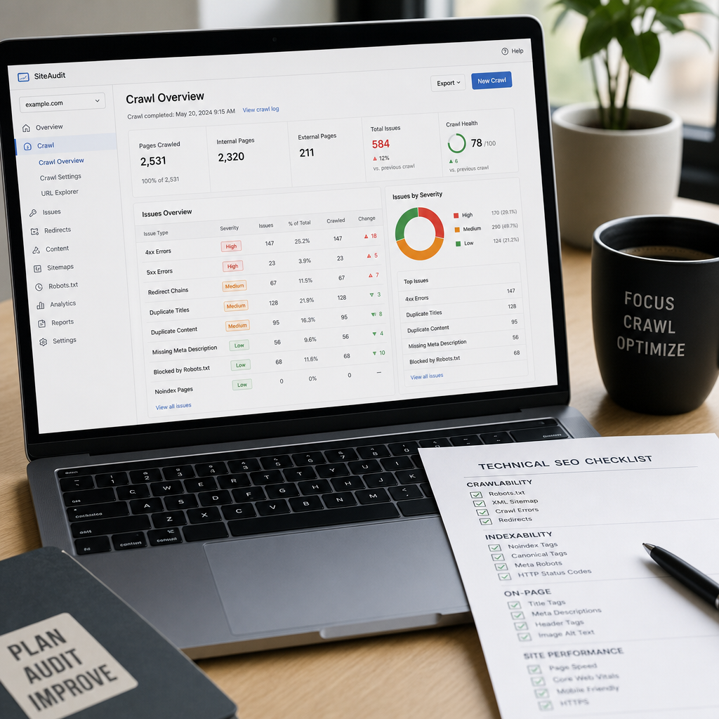 Rapport d'audit technique SEO affiché à l'écran avec liste de corrections priorisées