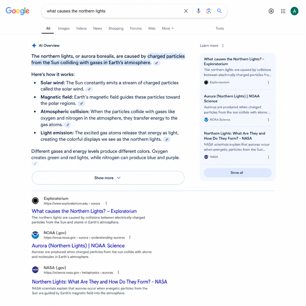 Page de résultats Google avec un bloc AI Overview affiché au-dessus des liens bleus