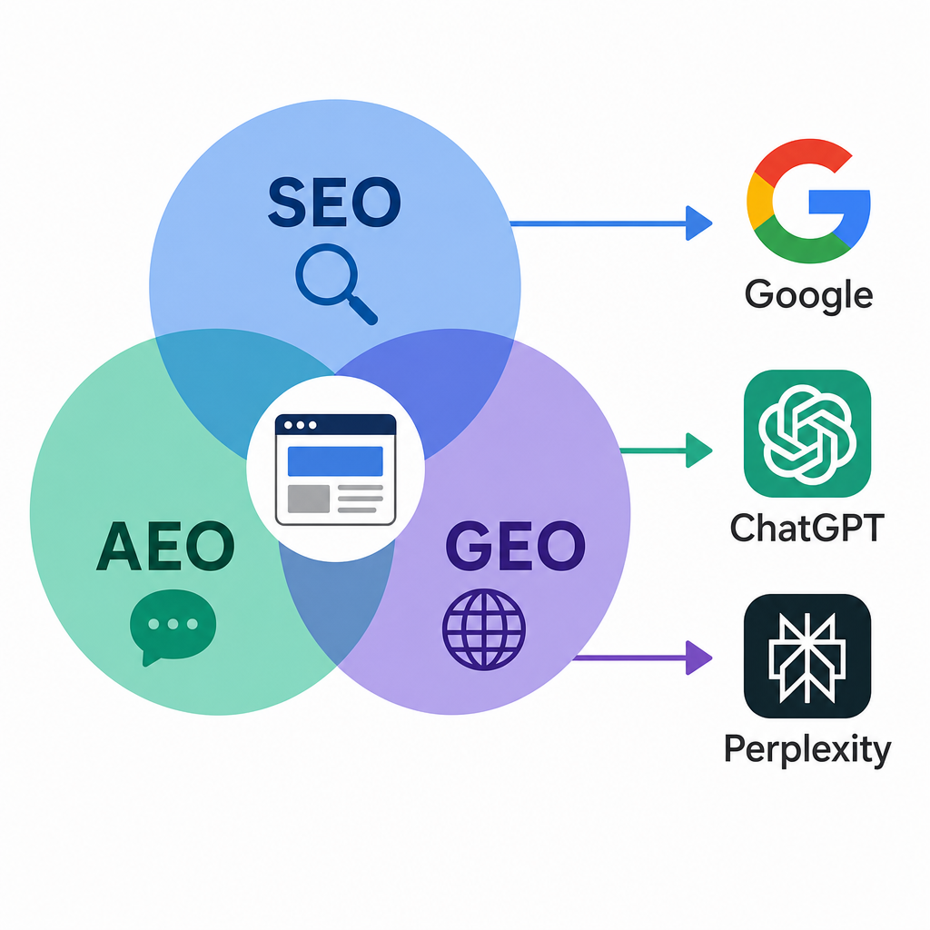Diagramme de complémentarité entre SEO, AEO et GEO