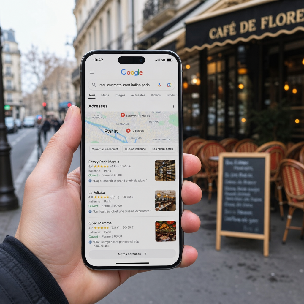 Recherche locale Google Maps affichée sur smartphone dans une rue parisienne