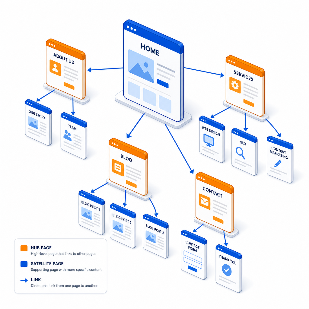 Schéma d'architecture de maillage interne avec pages hub et satellites