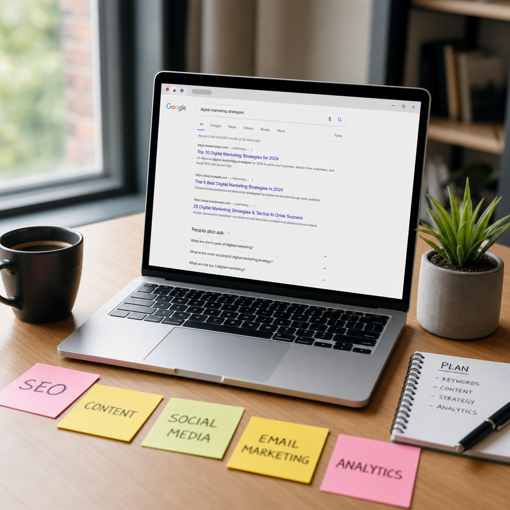 Bureau moderne avec ordinateur affichant une page de résultats de recherche