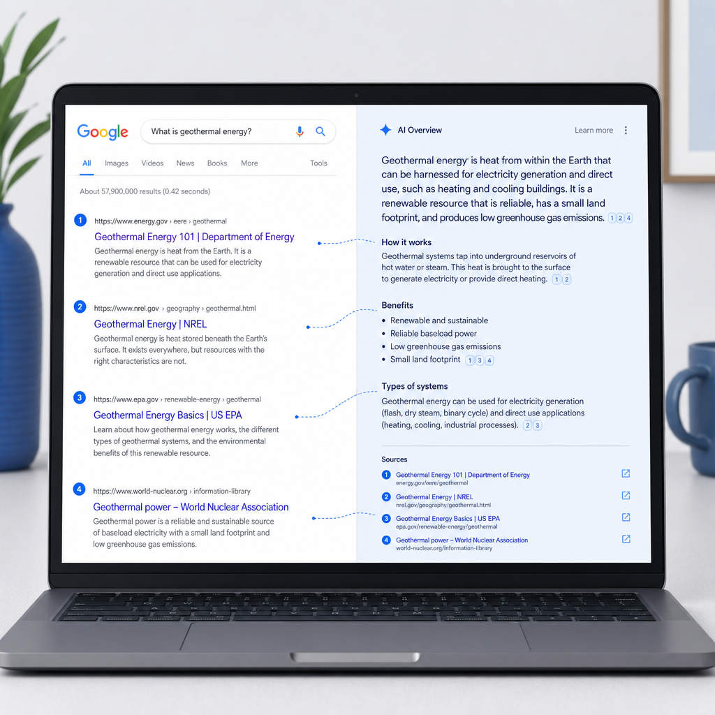 Comparaison visuelle entre résultats Google classiques et réponse générée par une IA