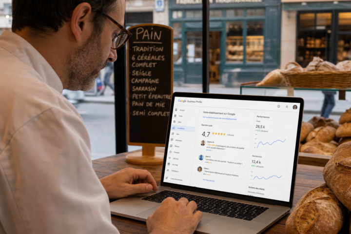 Commerçant parisien consultant sa fiche Google Business Profile en boutique