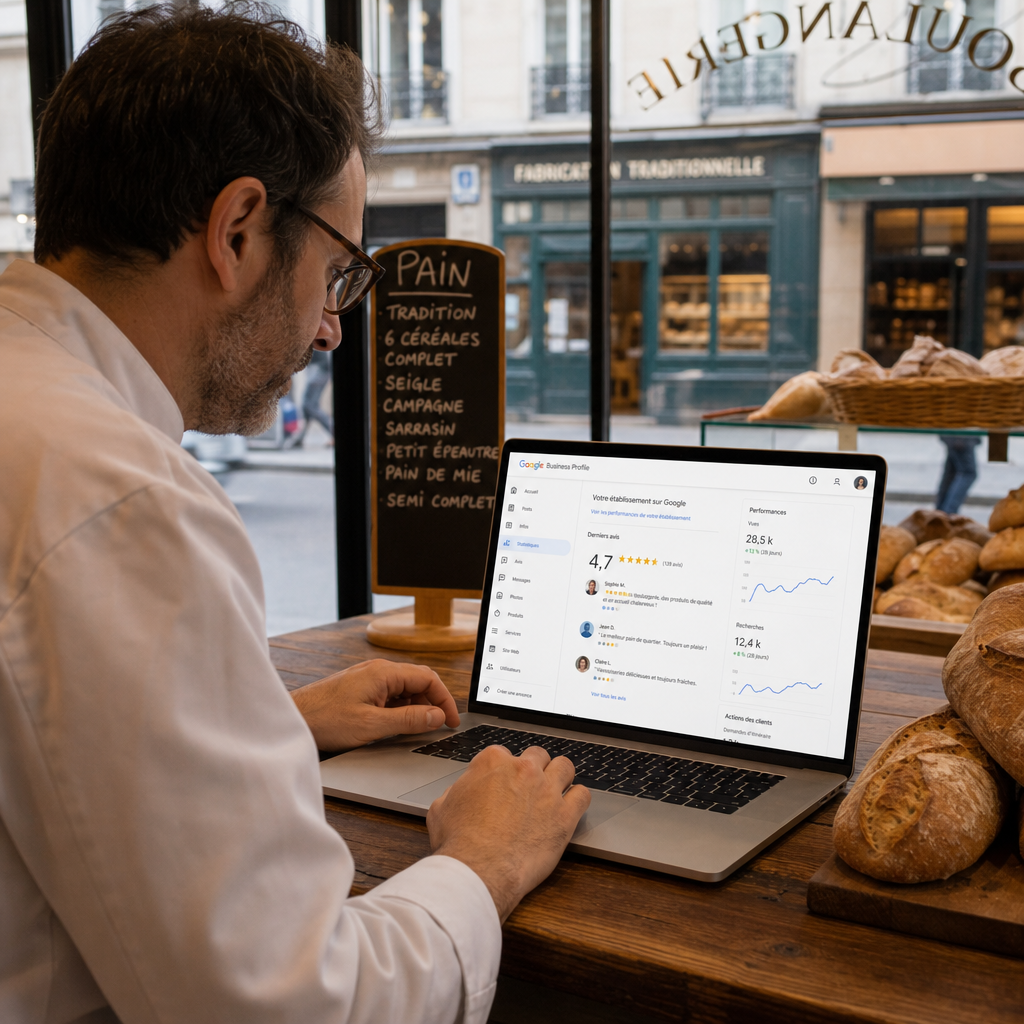 Commerçant parisien consultant sa fiche Google Business Profile en boutique